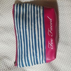 TOO FACED BLUE & WHITE STRIOED COSMETIC CASE